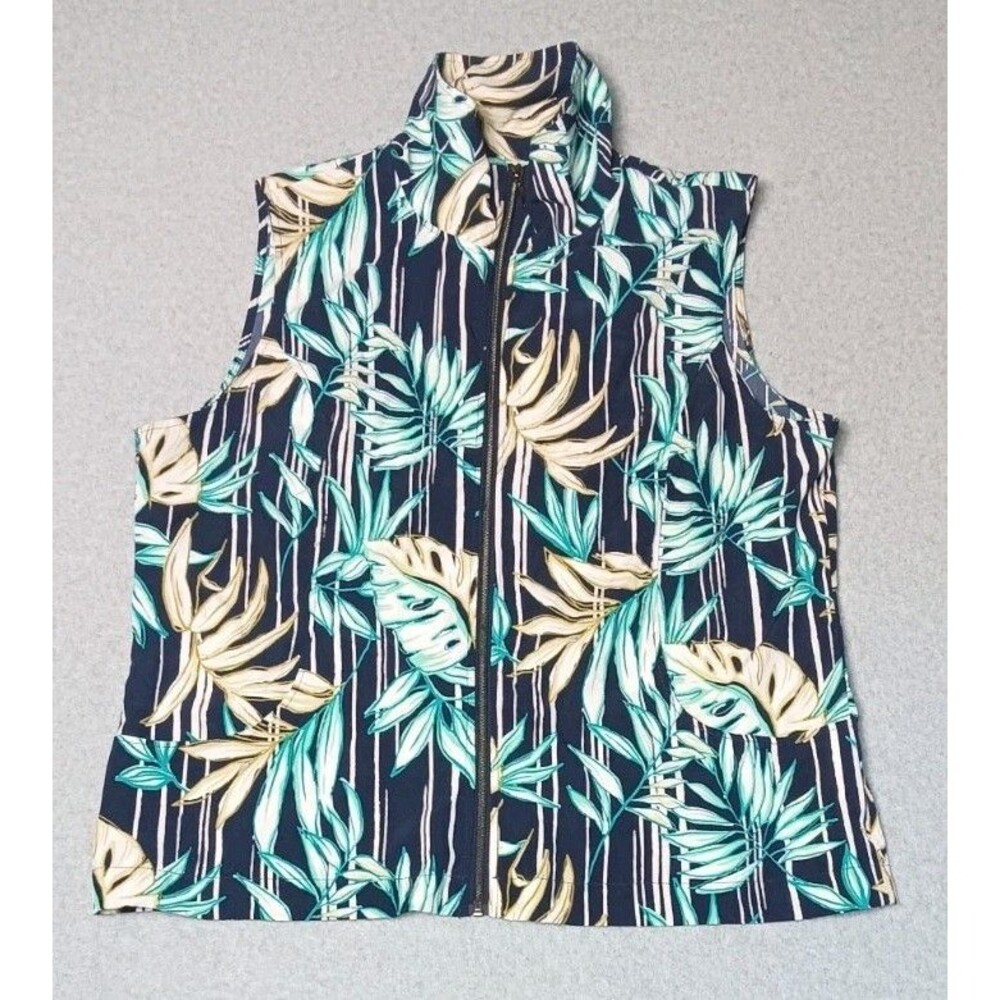 Onque Mock Neck Full Zip Up Vest PXL Tropical Palm Leaf Stripe Coastal Alfie